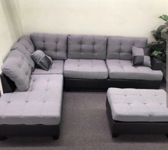 Brand New Grey Linen Sectional Sofa Couch + Ottoman
