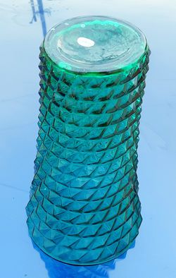 Made in Italy MCM teal aquamarine 10" diamond patterned Mid Century art glass vase AI  Thumbnail