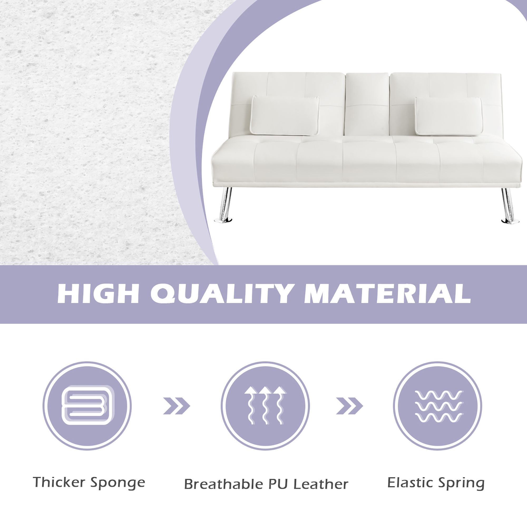 Costway Convertible Folding Futon Sofa Bed Leather w/Cup Holders&Armrests White