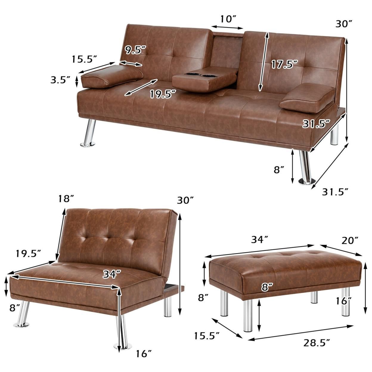 Gymax 3-Piece Sectional Sofa Set Convertible Futon w/Single Sofa & Ottoman Brown