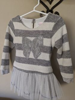 Gray & Off-White Striped Tutu Long Sleeve Fuzzy Sweater Top/Dress | Rhinestone Sparkle Bow | Tie Back | Toddler Girl 3T Thumbnail