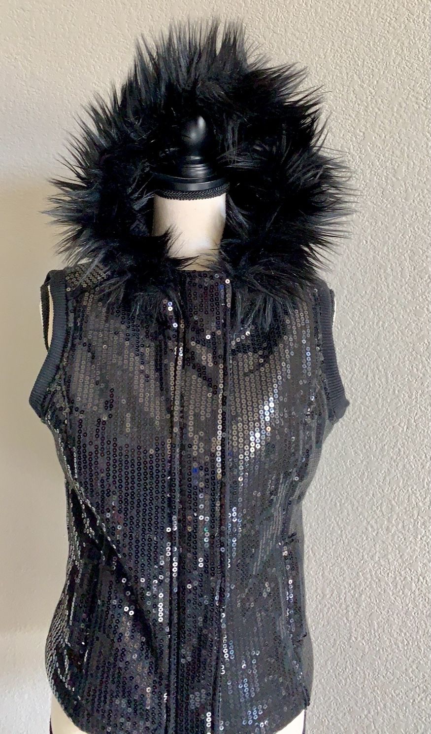 Aeropostale Zip/Snap Sequin Vest W/ Faux Fur Hood Lining