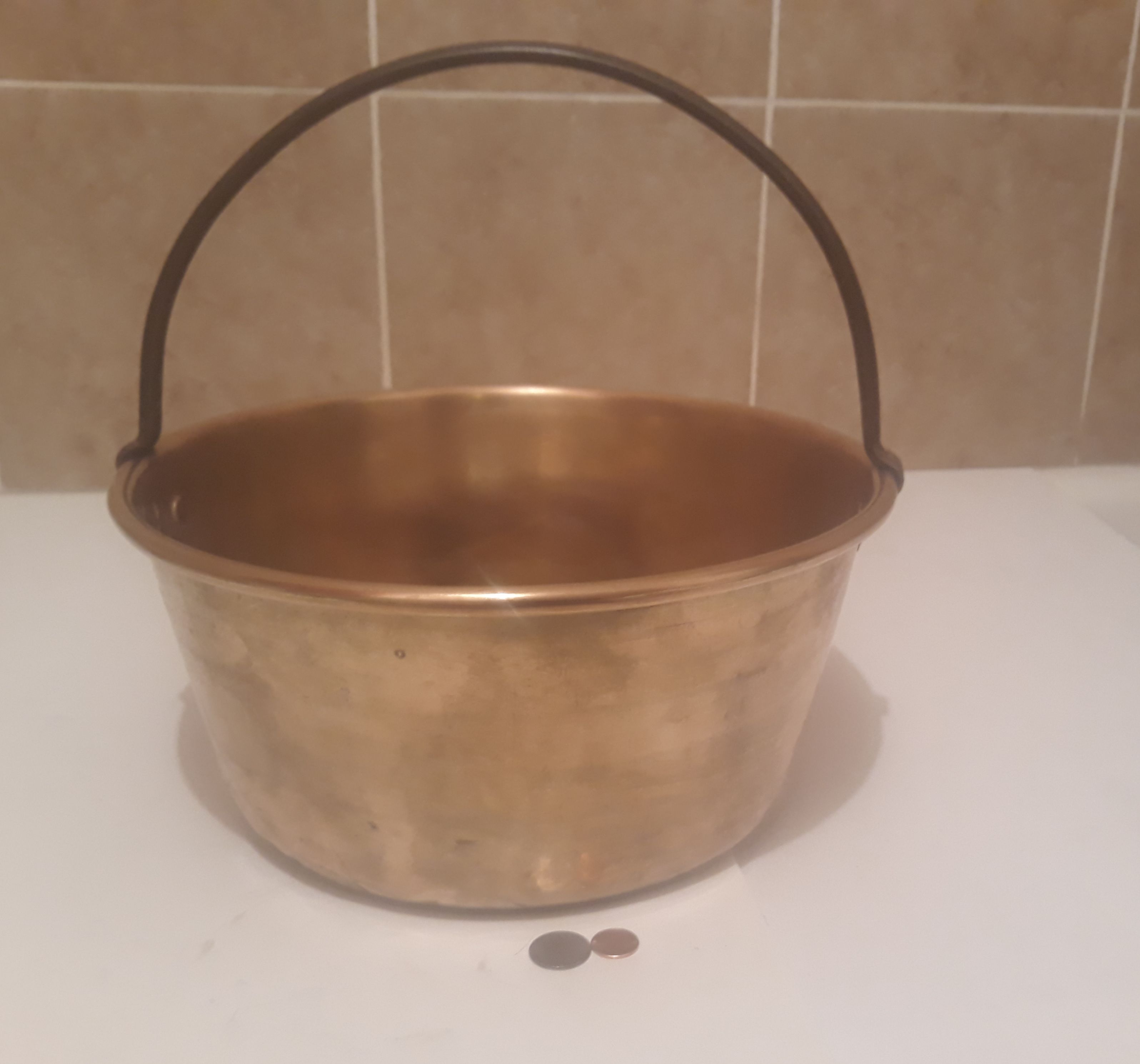 Vintage Metal Brass Cooking Pot, Pan, Heavy Duty, Large Size, 14" x 6" and 12" Tall. Heavy Duty Quality, Kitchen Decor, Table Display, Shelf Display