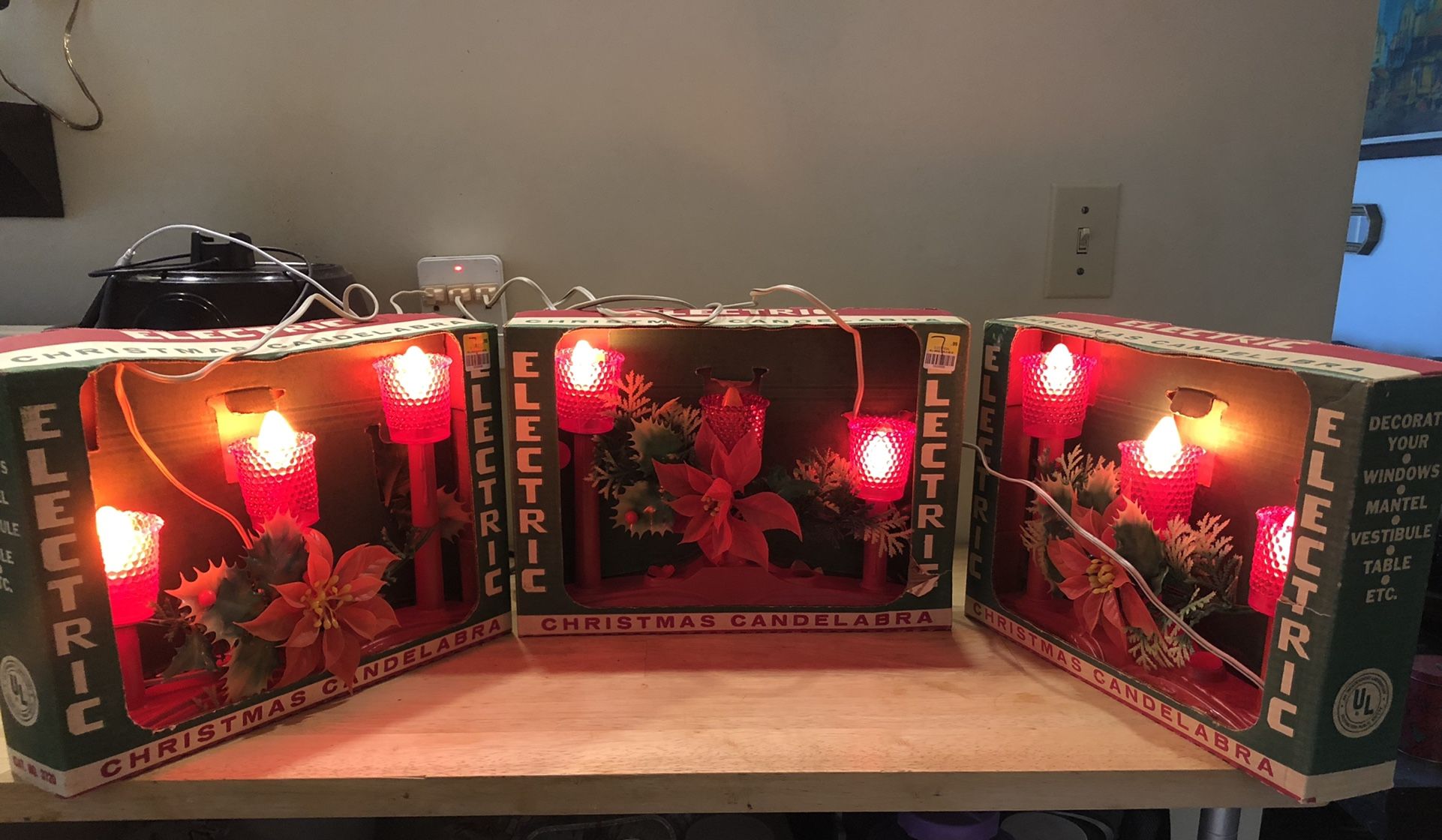 3 Vintage Christmas Red Candelabra In Box Beacon Electric #3720