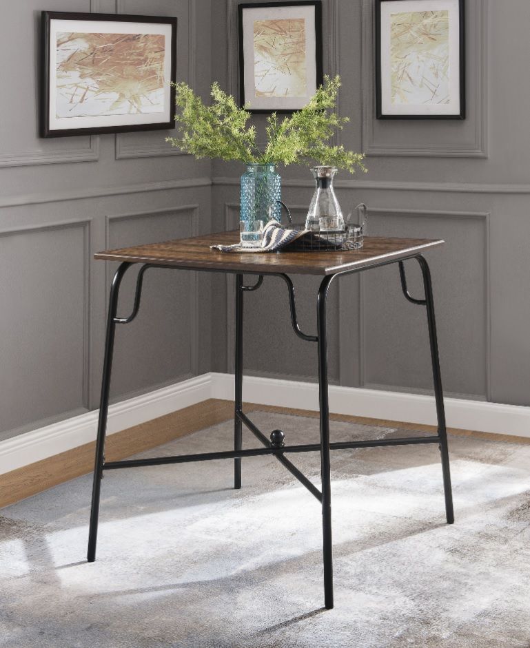 NEW ( 5 Piece ) Counter Height Dining Table Set + 4 Chairs - Metal Wood Grain Kitchen Top Barstool Seats High Bar Stool Dinner Room Bench Walnut -READ