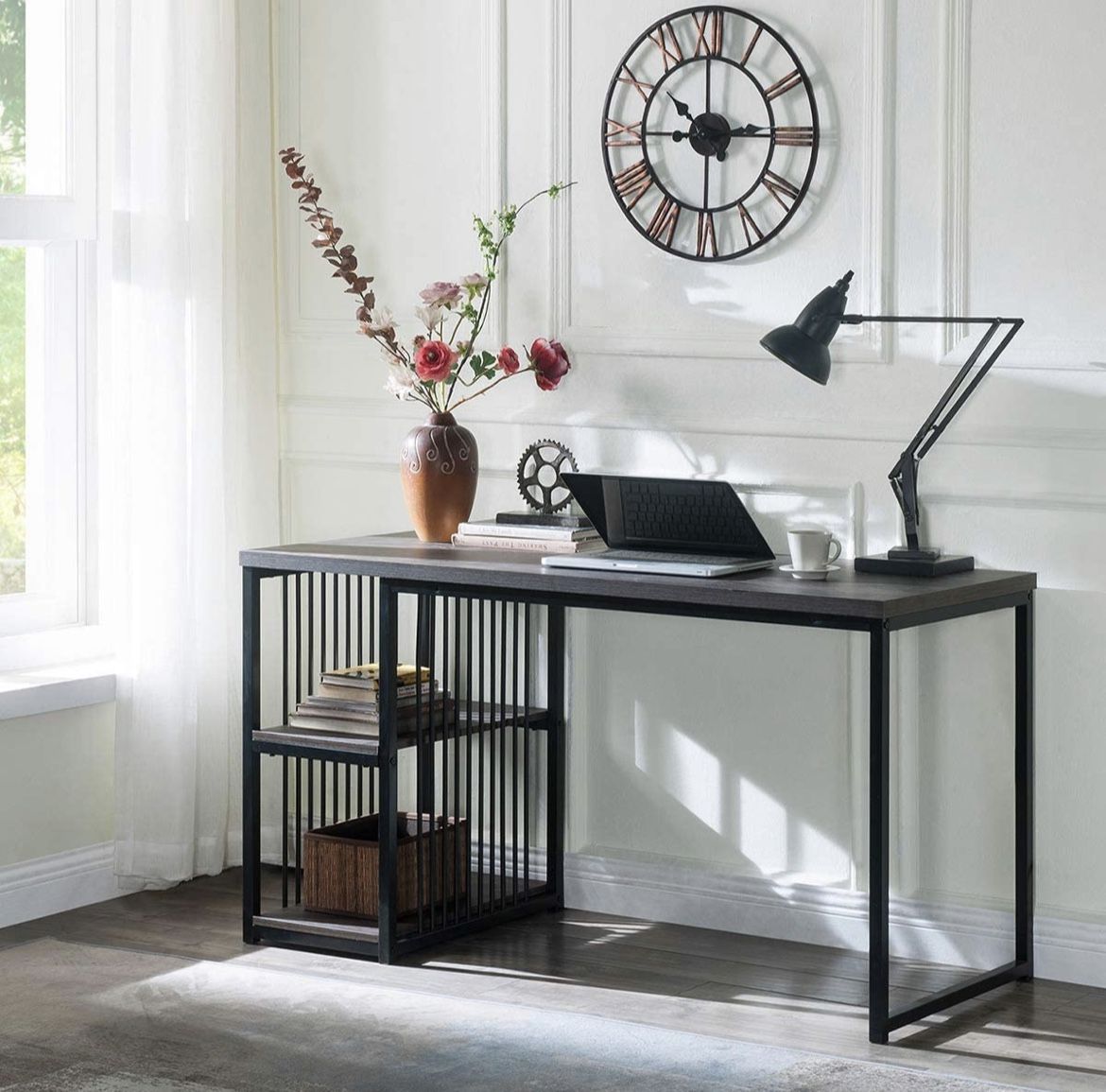New Home Office Computer Desk, 55 Inch Writing Desk with 2 Storage Shelves on Left or Right, Stable