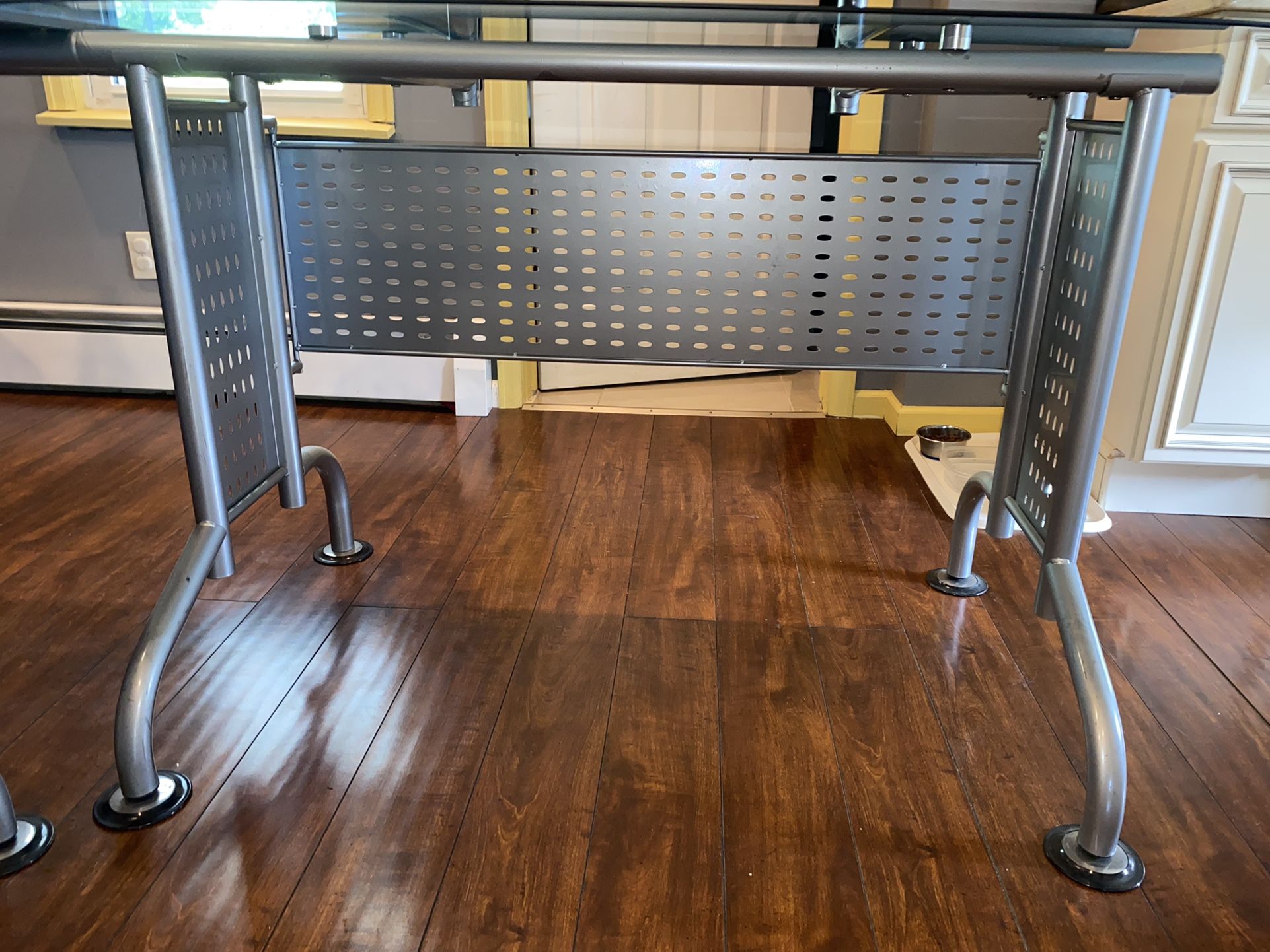 L SHAPED GLASS TWO PIECE DESK