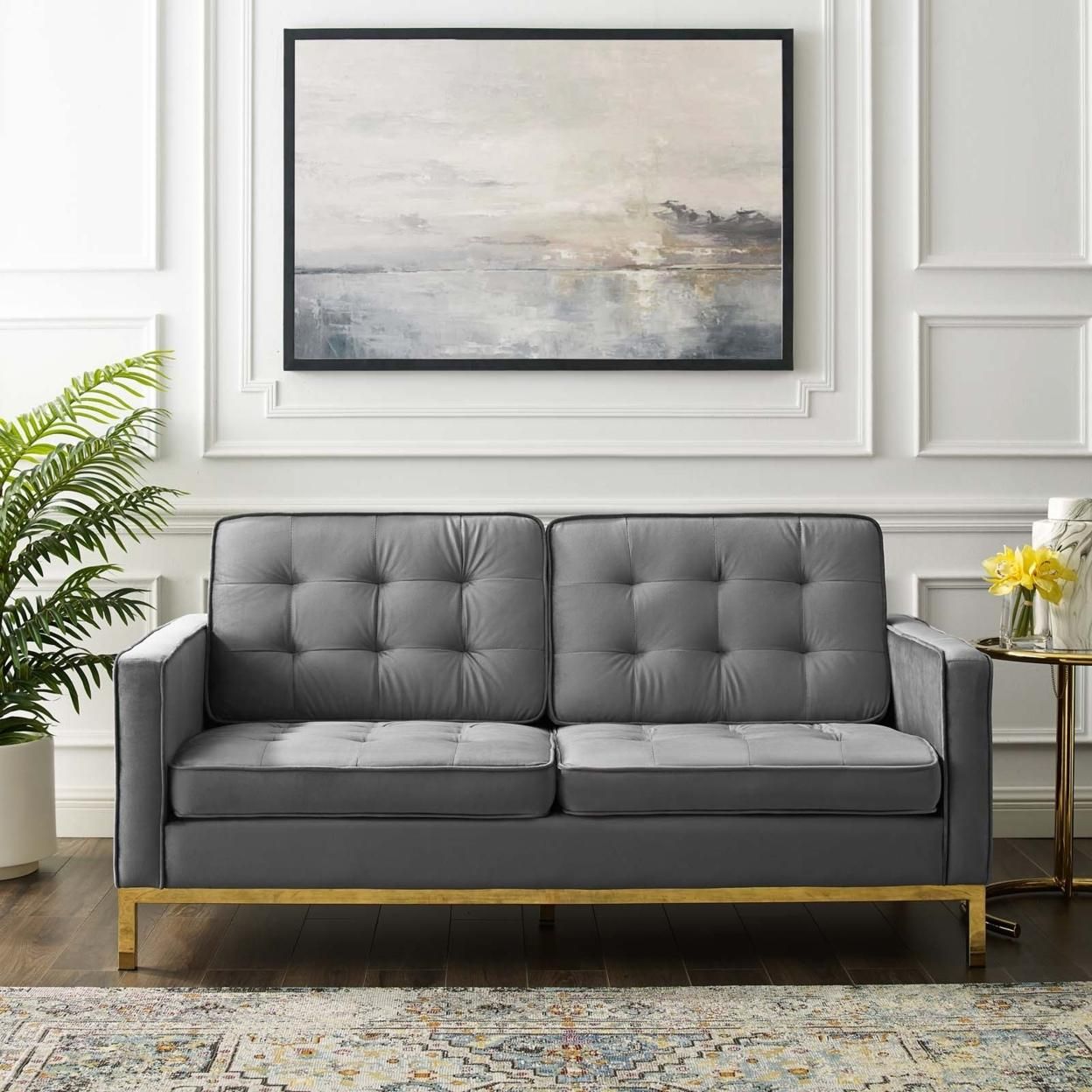 Loft Gold Stainless Steel Leg Performance Velvet Loveseat, Gold Gray