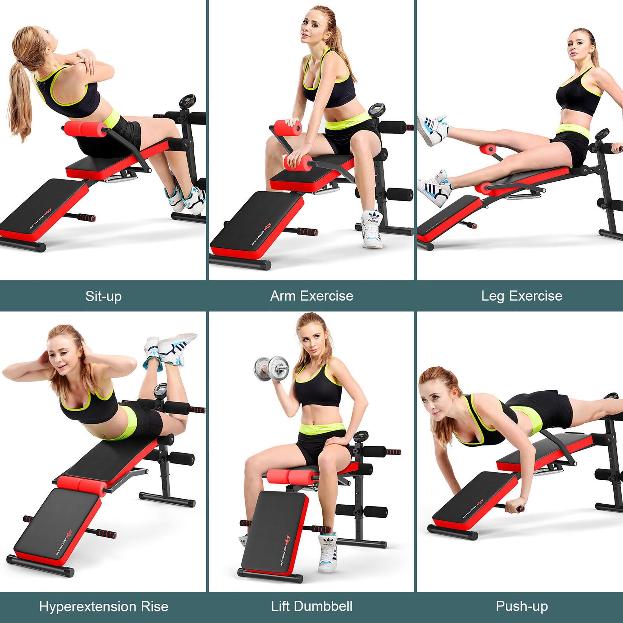 Goplus Multi-Functional Foldable Weight Bench Adjustable Sit-up Board w/ Monitor Red
