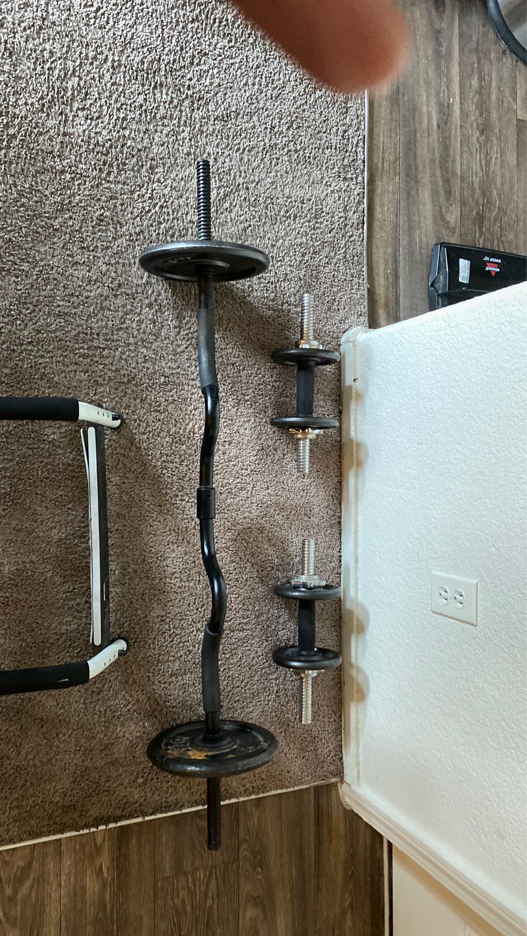 Weights 2 dumbbells 1 curl bar and 30 pounds in weights and a pull-up bar and push up
