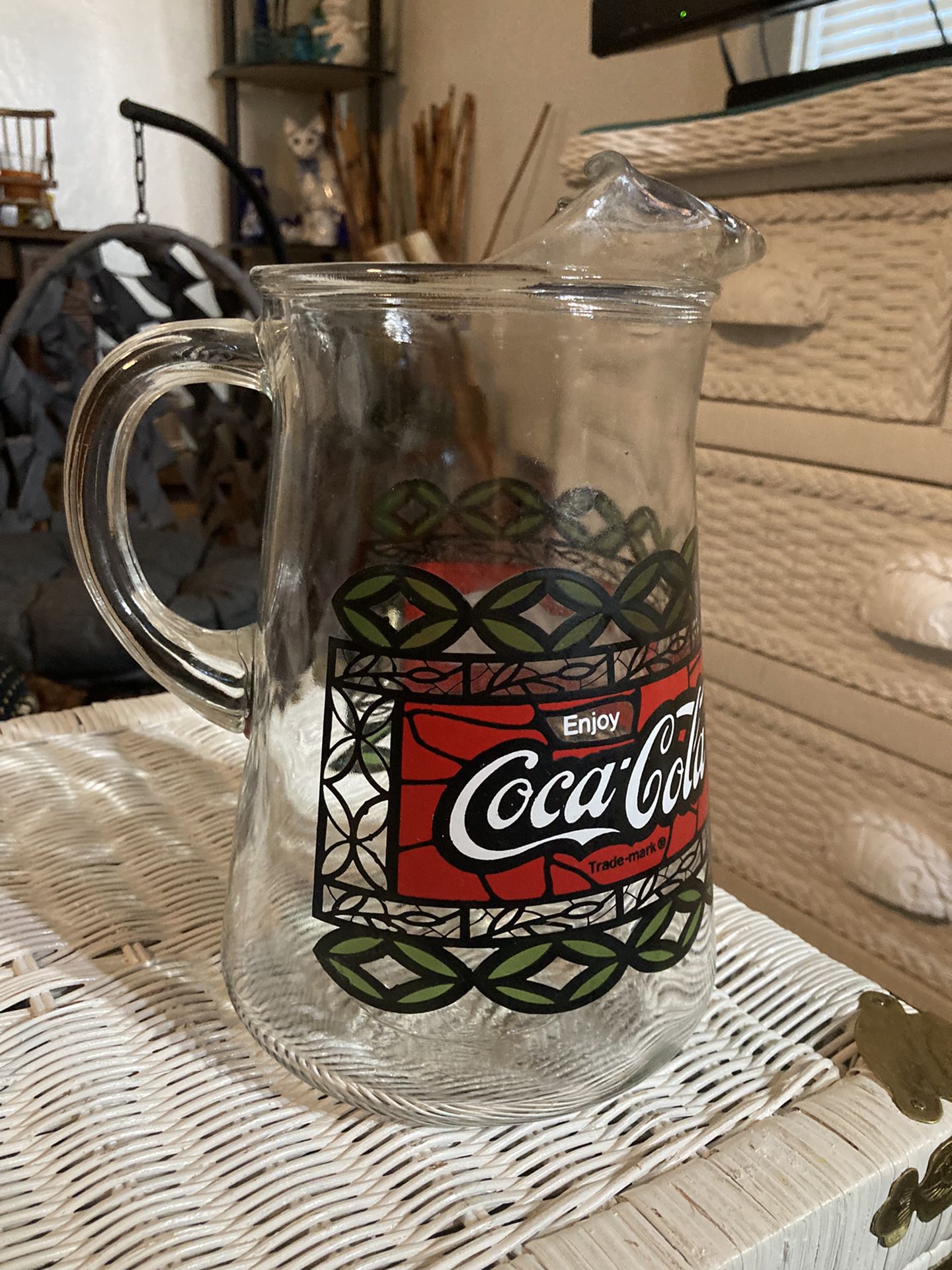 Vintage Coca~Cola Glass Pitcher, Stained Glass Style, No Cracks Or Chips, 64 Oz.