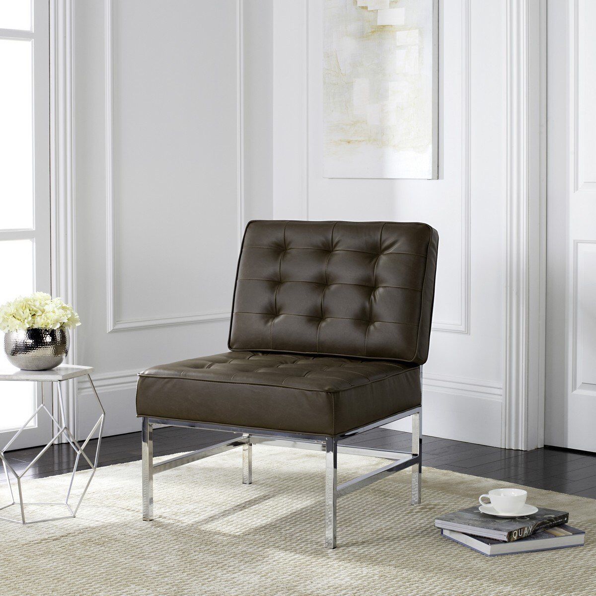 Ansel Modern Tufted Leather Chrome Accent Chair-Taupe