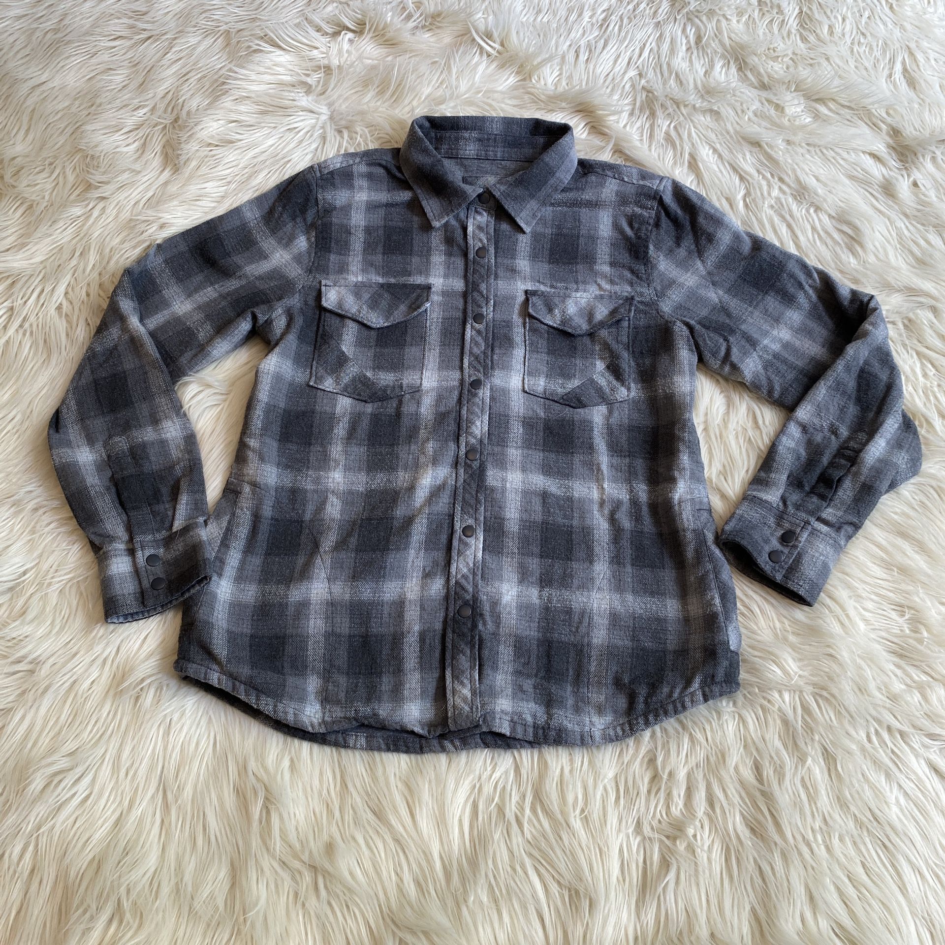 PrAna Grey Plaid Flannel Jersey Lined Long Sleeve Snap Shirt Pockets Women’s M