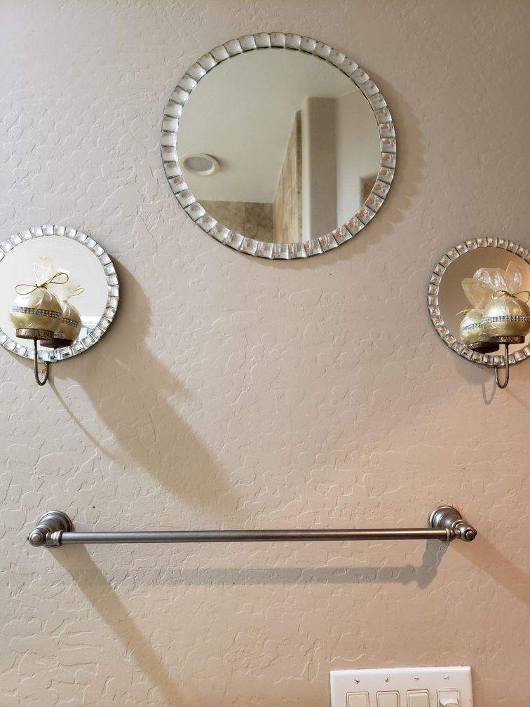 cute mirror and candle set . candles have rhinestone bands .