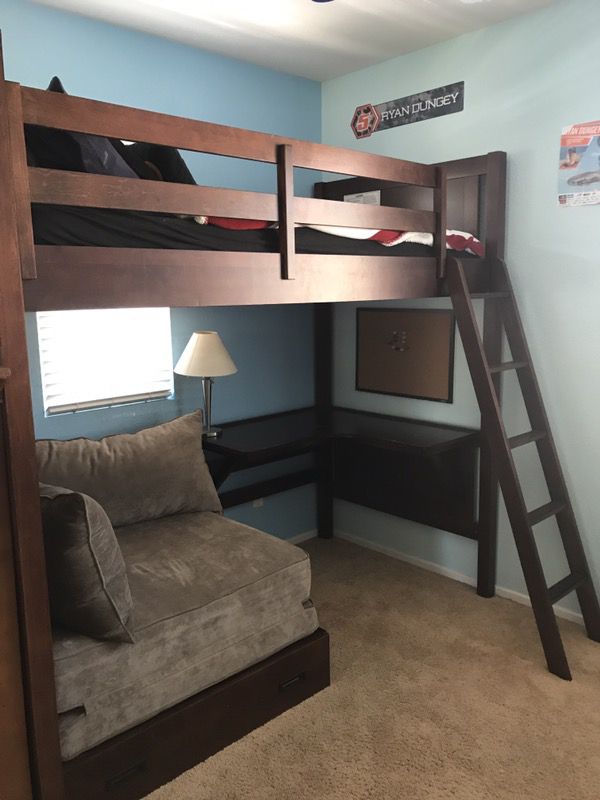 Solid Wood Bunk Bed With Desk And Fold, Twin Loft Bed With Desk And Futon