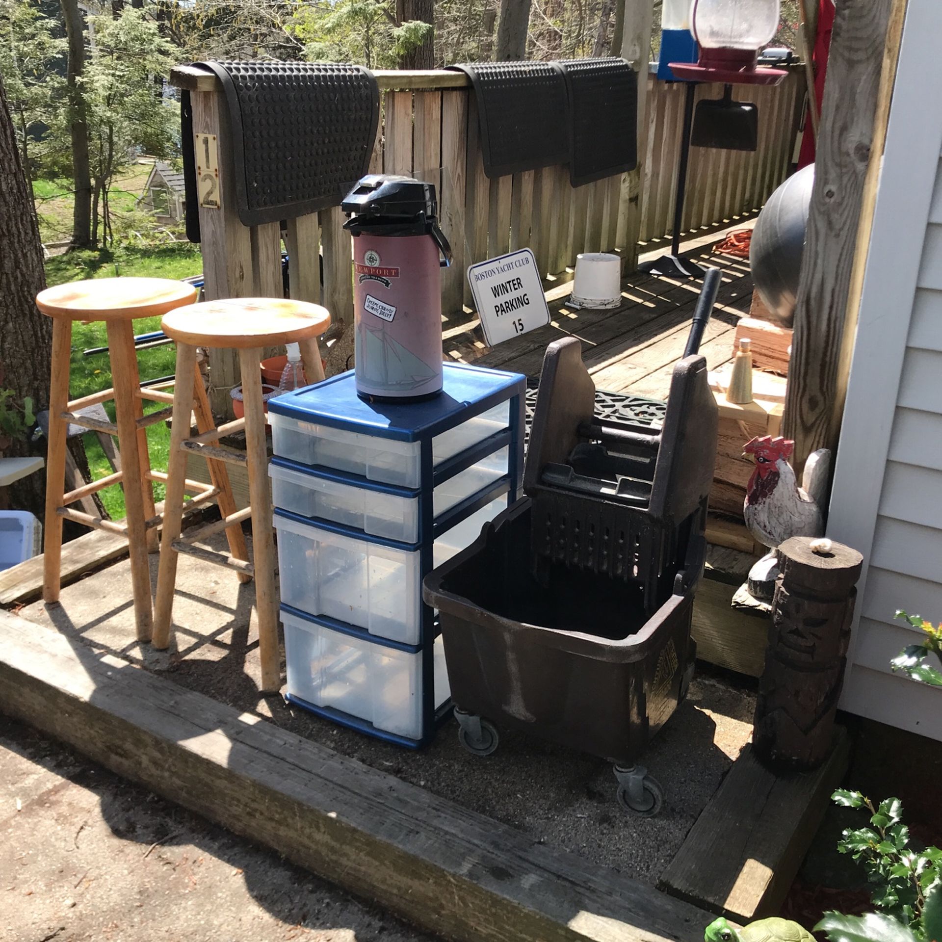 Mop Bucket 20.00 Plastic File Cabinet 20.00 Coffee Pot 10.00wood Stools 10.00 Each .. Must Go
