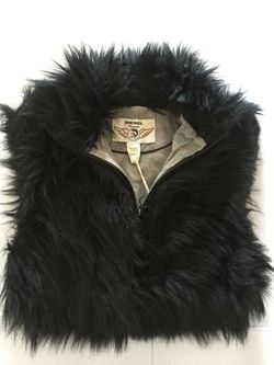 Diesel Black Faux Fur Cropped Vest Top Zip Front Sleeveless Topper, Size S  Thumbnail