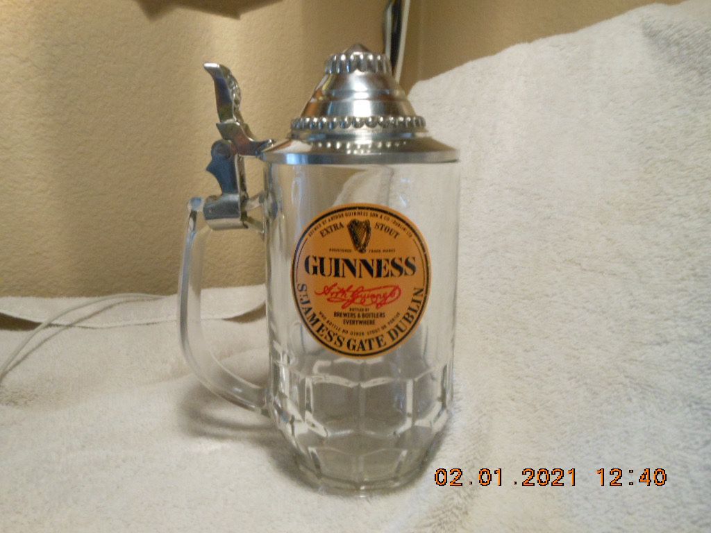 Exquisite Guinness Stein/Mug. Irish Guinness Extra Stout Glass stein with Mullingar Pewter.