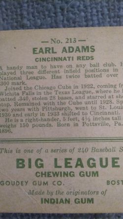 1933 EARL ADAMS BIG LEAGUE CHEWING GUM BASEBALL CARD Thumbnail