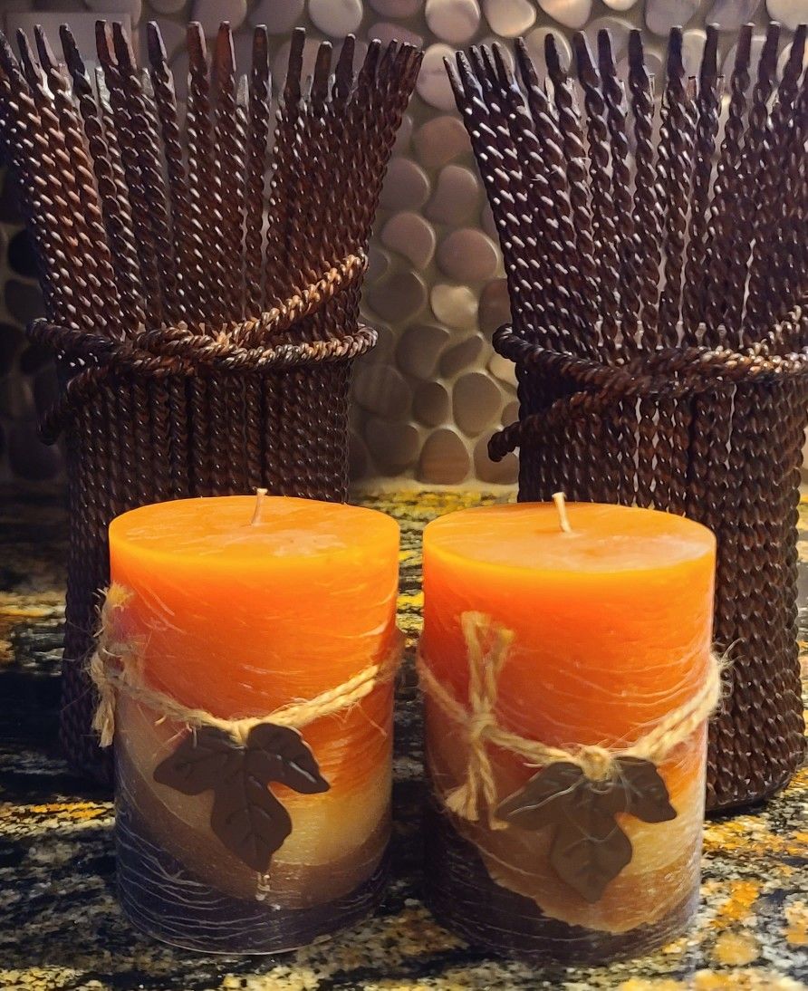 Beautiful Set Of Harvest Candle Holders w/Candles