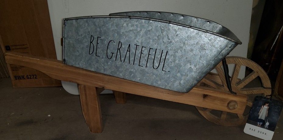 Rae Dunn BE GRATEFUL galvanized &wood Wheelbarrow