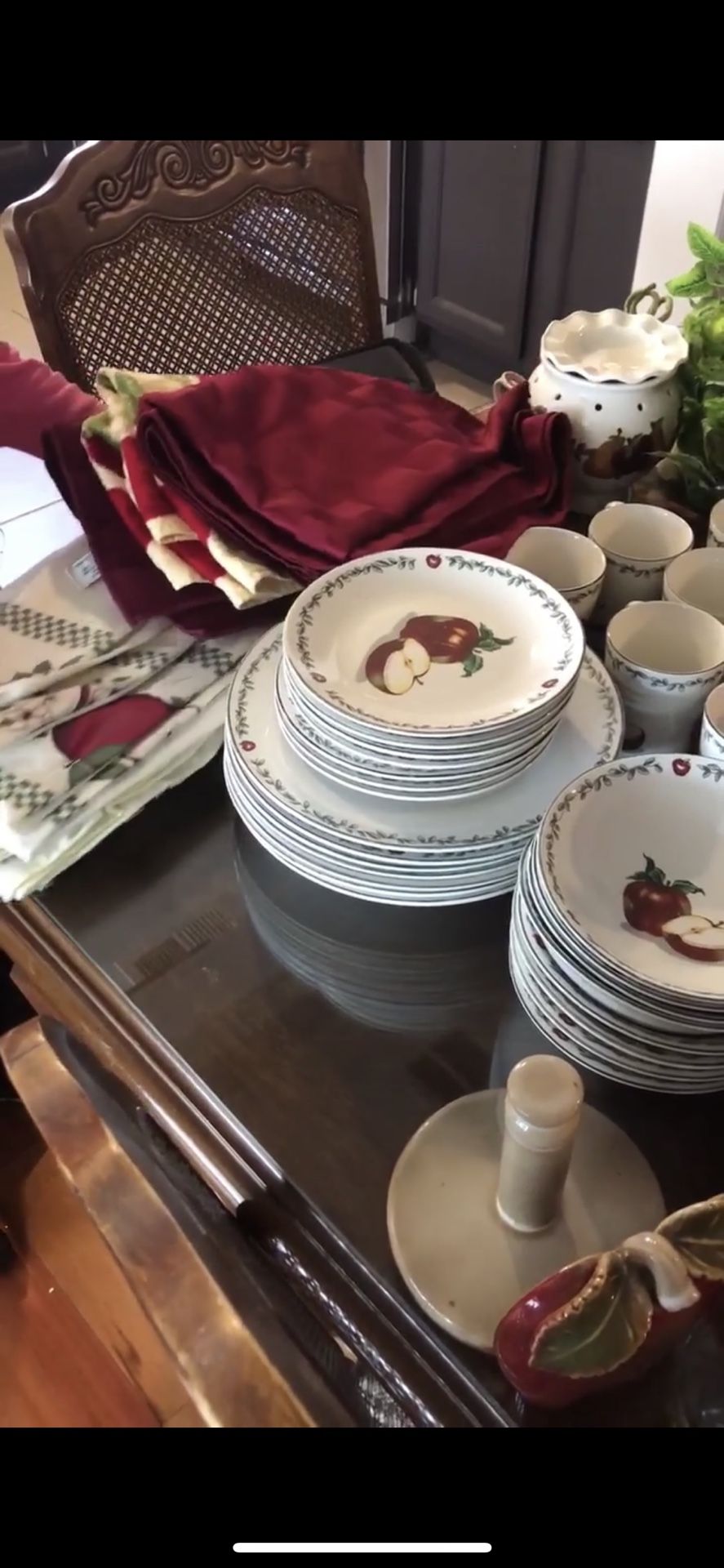 Set of 8 bowls dinner plates salad plates, cups . Table cloth kitchen drapes