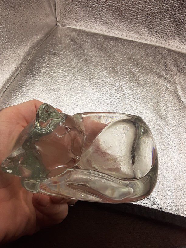 INDIANA GLASS CLEAR GLASS SLEEPING CAT Candle Or Succulent Holder. Heavy Crystal. Adorable 