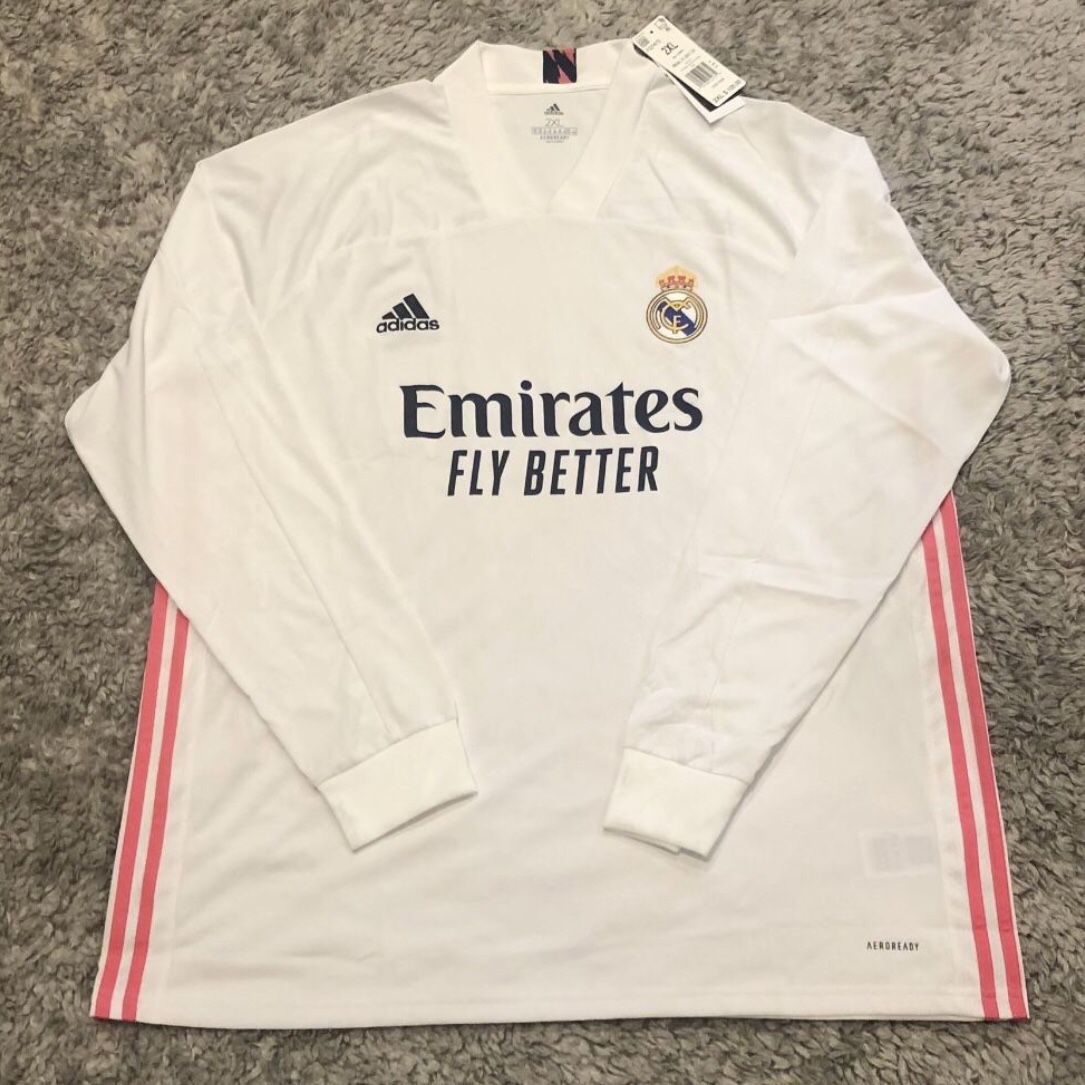 Adidas Real Madrid 2020-2021 Home Long Sleeve Jersey White/Pink Men’s Size 2XL $100