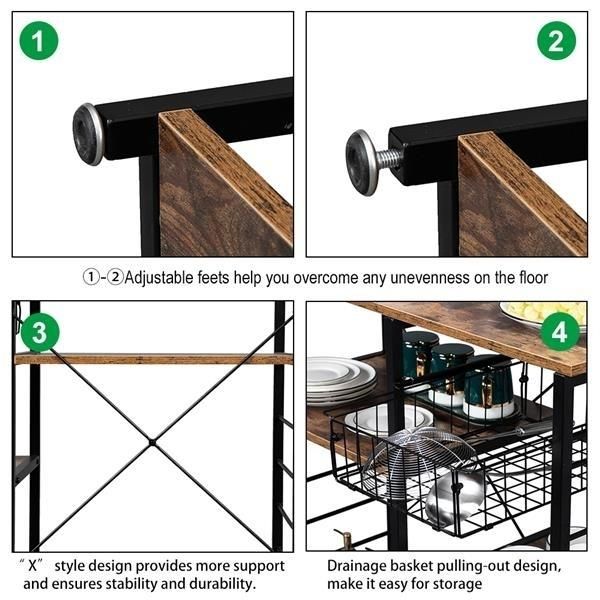 Hodely 5-Layer MDF Industrial Wrought Iron Kitchen Shelf With Drain Basket Hook