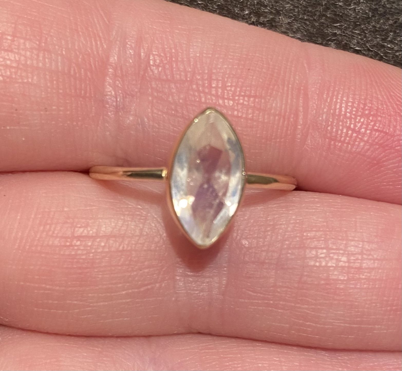 Exquisite 7x12mm Marquise Cut Natural Rainbow Moonstone Solitaire Gold Ring 925 Sz 7