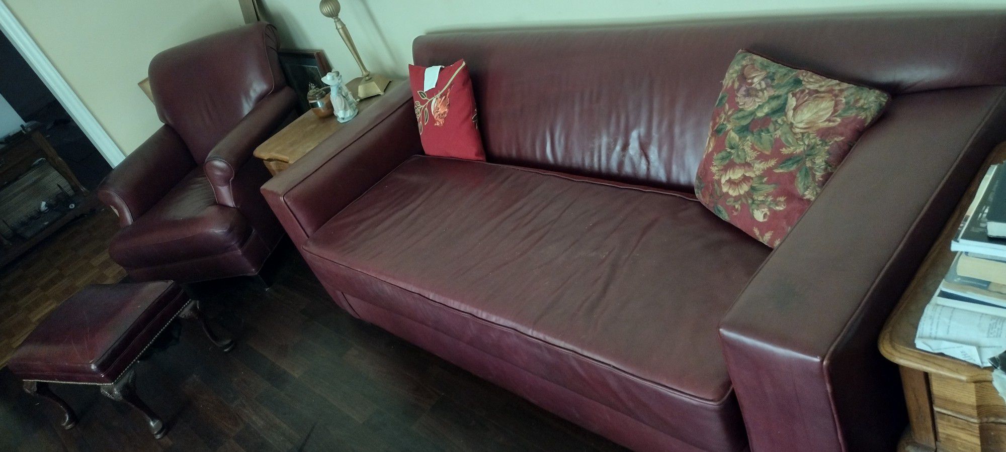 Red Leather Couch And Chair And Ottoman 
