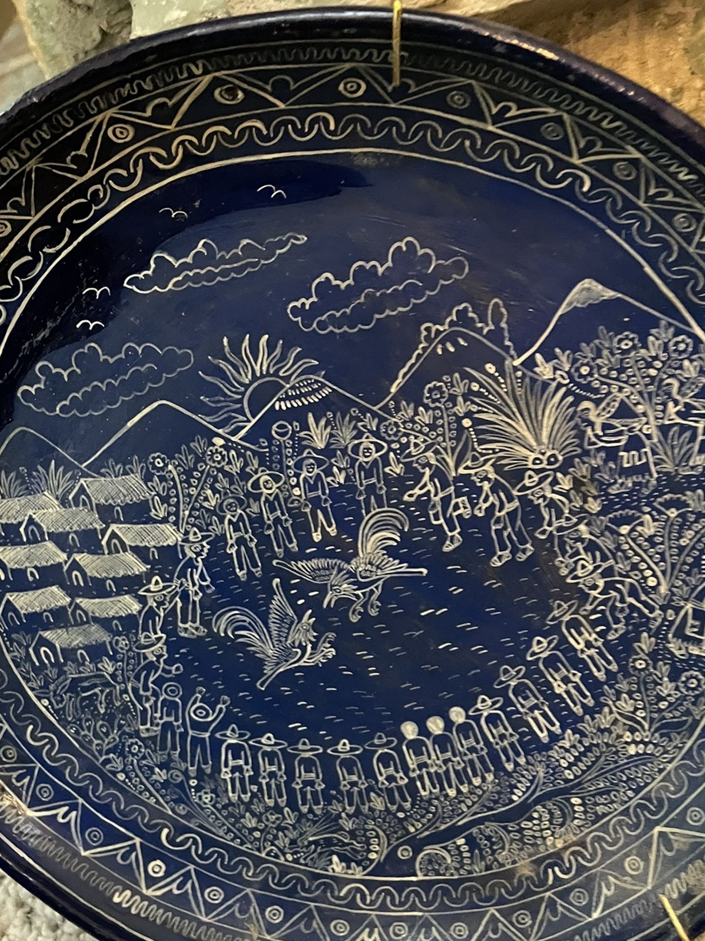 3 Me3 Mexican Village Plates. Ceramic.Depicts A Cockfight , Piñata and Pole Climbing for A Prize . Very Finely Detailed. $30.00 each Sold As Set Only