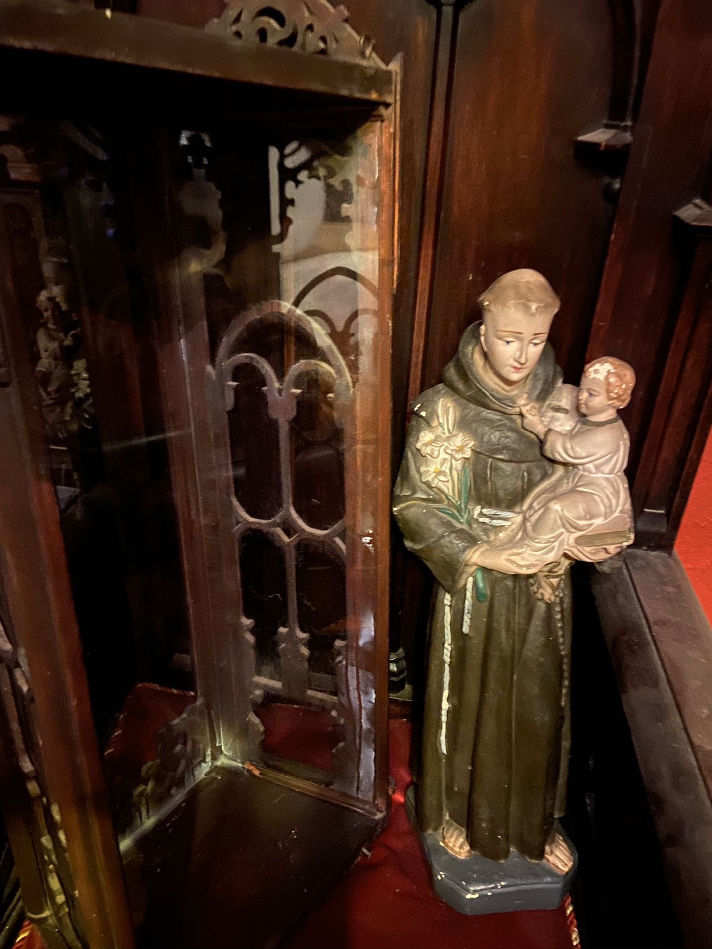 Antique Religious Statue In The Wooden Gothic Box Saint Altar Church