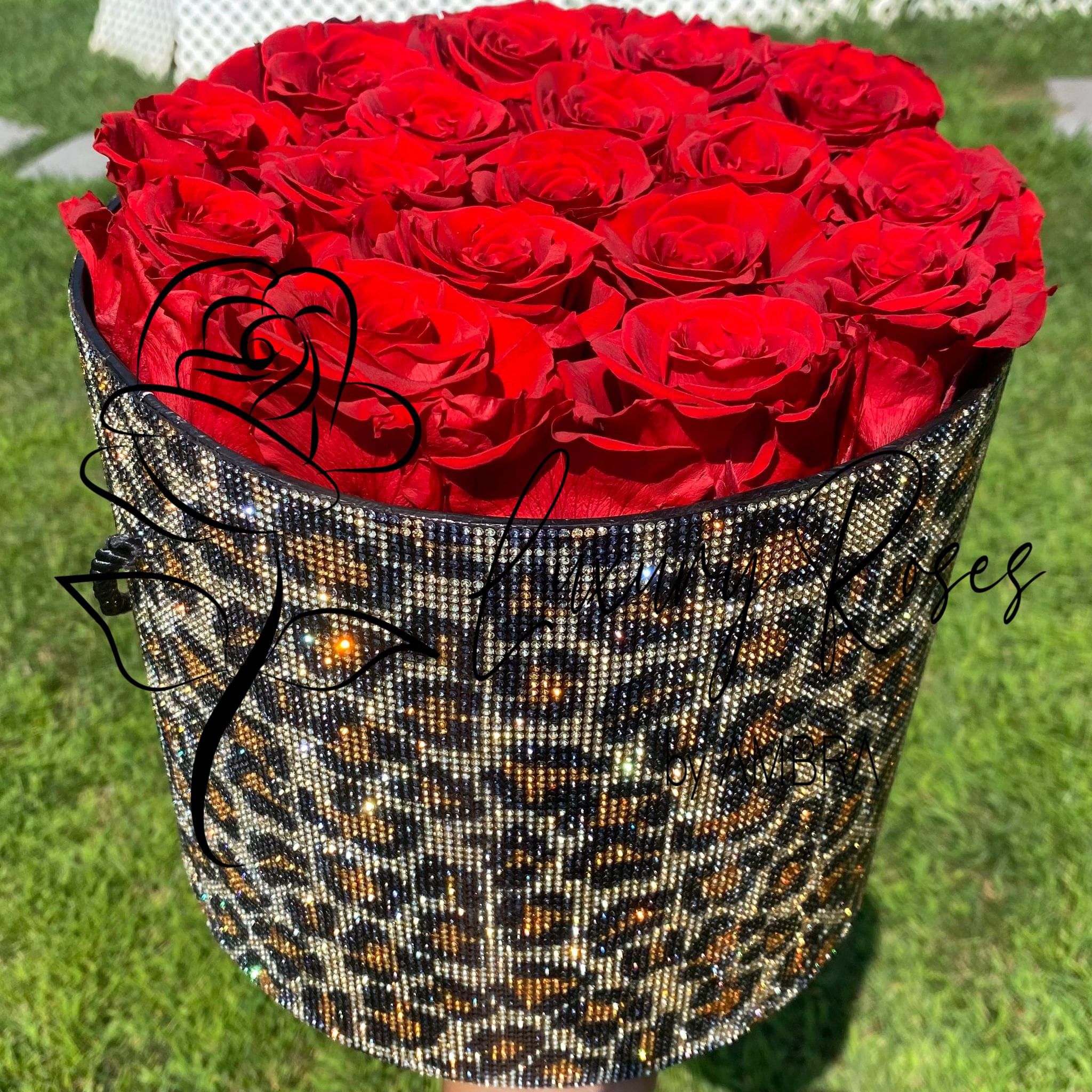 Red preserved roses Rhinestones Animal Print Leopard Eternal Box Roses Real Preserved Flowers Lasting Bouquet Bucket Anniversary Gift