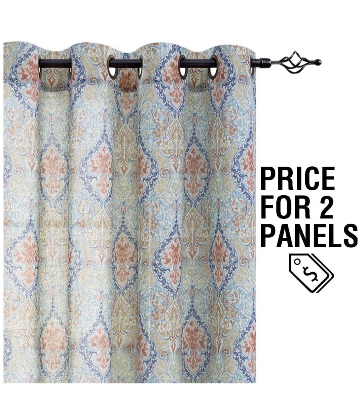 Medallion Linen Blend Curtains for Living Room 84 Inch Length Drapes Damask Pattern Flax Draperies Window Treatments for Sliding Glass Doors Bedroom
