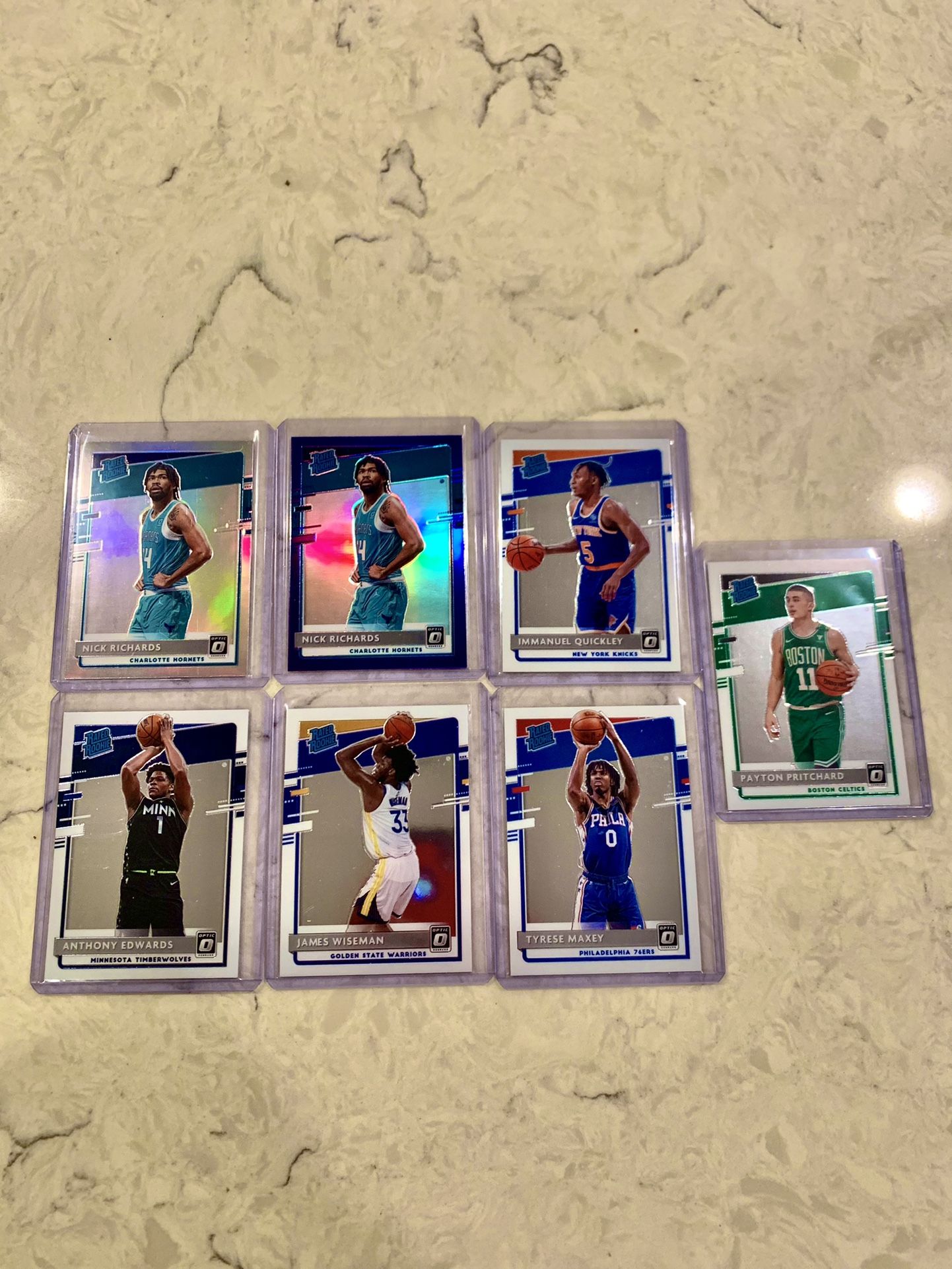 2020-21OPTIC BASKETBALL CARDS LOT: ANTHONY EDWARDS RC, JAMES WISEMAN, SILVER & PURPLE PRIZM, QUICKLEY, MAXEY, PRITCHARD, JA MORANT RC
