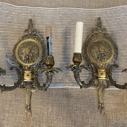ANTIQUE VICTORIAN BAROQUE BRASS CANDELABRA WALL SCONCE SET OF 2 Thumbnail