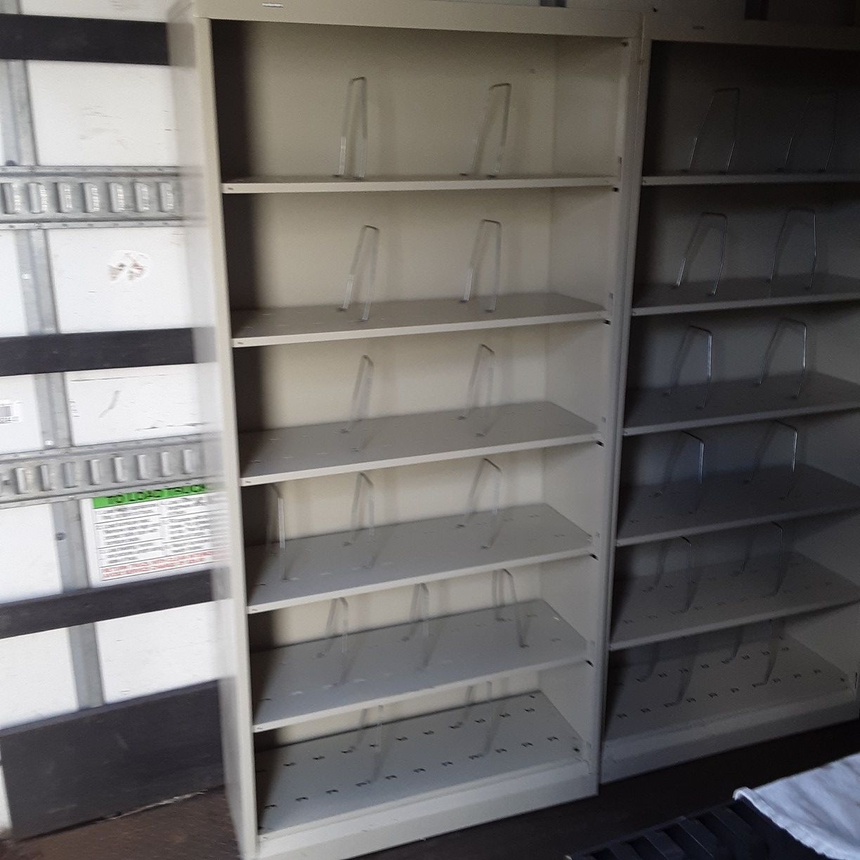Shelving metal light weight...2 available...size. 34.5 Wide.m...12.5 Deep..81.25 Tall