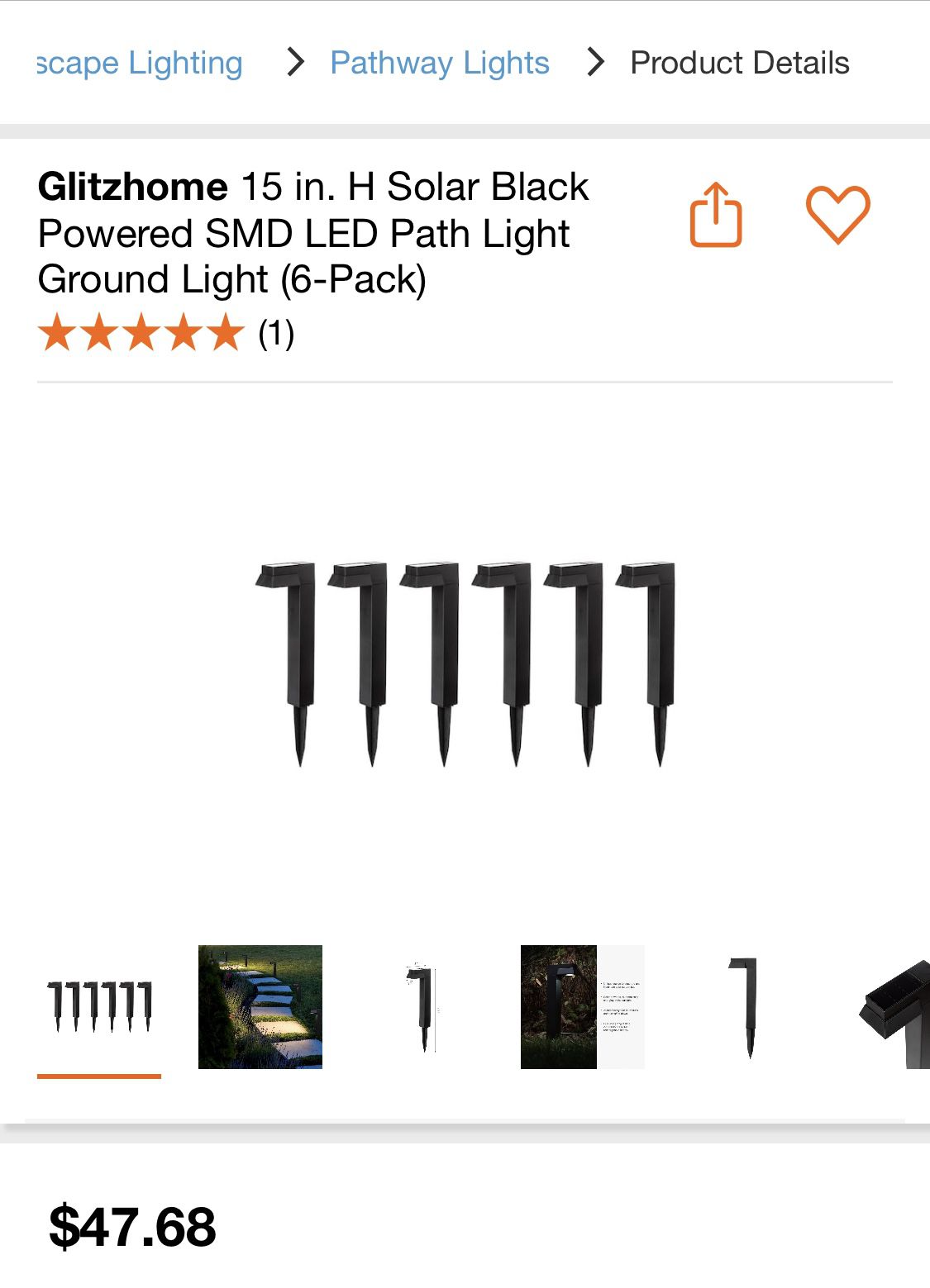 Glitzhome 15 in. H Solar Black Powered SMD LED Path Light Ground Light (6-Pack)
