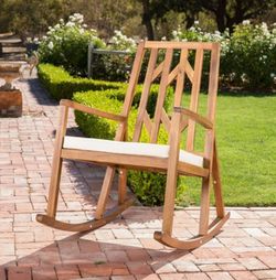 Outdoor Wooden Rocking Chair with White Cushion Thumbnail