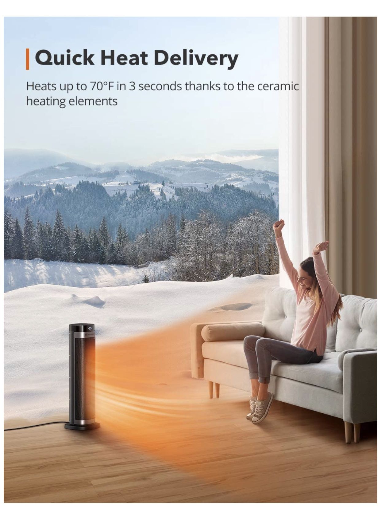 1500W Fast Heating Ceramic Tower Fan Heater, 24” High Oscillating Portable & Quiet with Remote ECO Mode 12H Timer Tip-Over Switch Overheating Protect