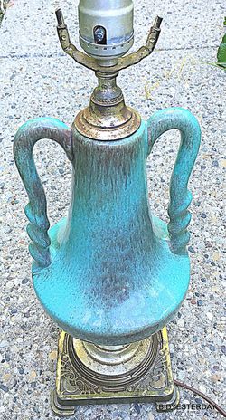 Antique turquoise green drip glaze art pottery lamp gondor ? Thumbnail