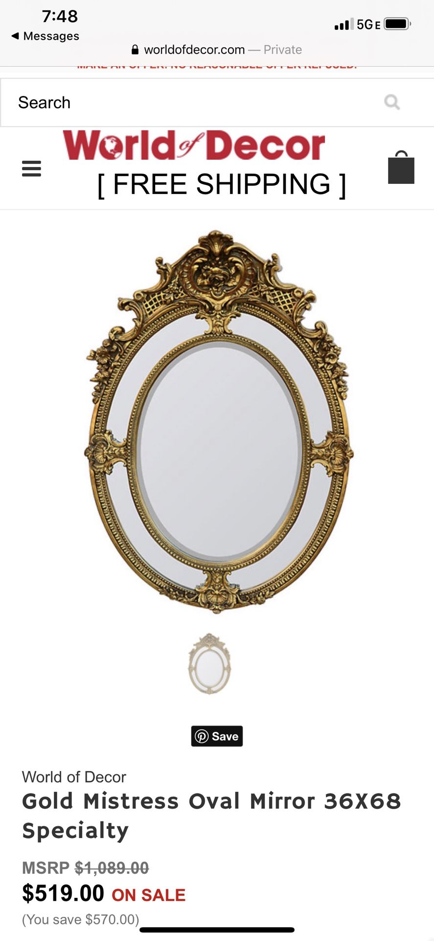 World Of Decor Gold Mistress Oval Mirror 36X68 Specialty Used To Stage Model Home Ornate Beveled Excellent Mint Condition Used To Stage A Model H