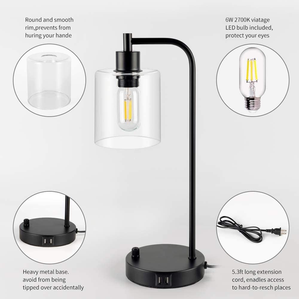 Industrial Table Lamp, Fully Dimmable Modern Nightstand Lamp with Dual USB Port, Glass Shade Table Lamps