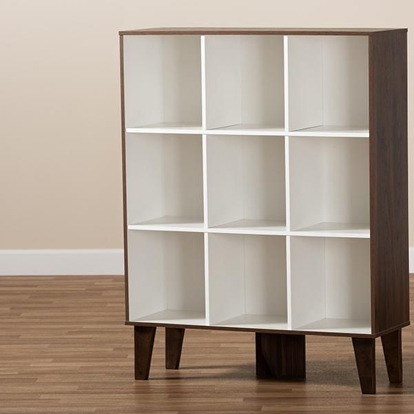 Senja Modern and Contemporary Two-Tone White and Walnut Brown Finished Wood 9-Shelf Bookcase