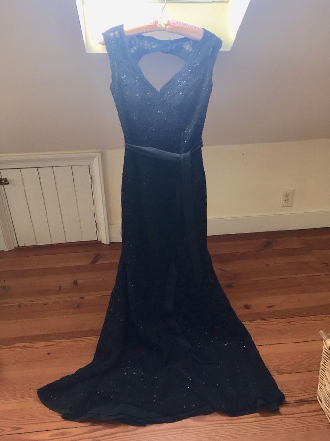 Floor-length black satin beaded gown
