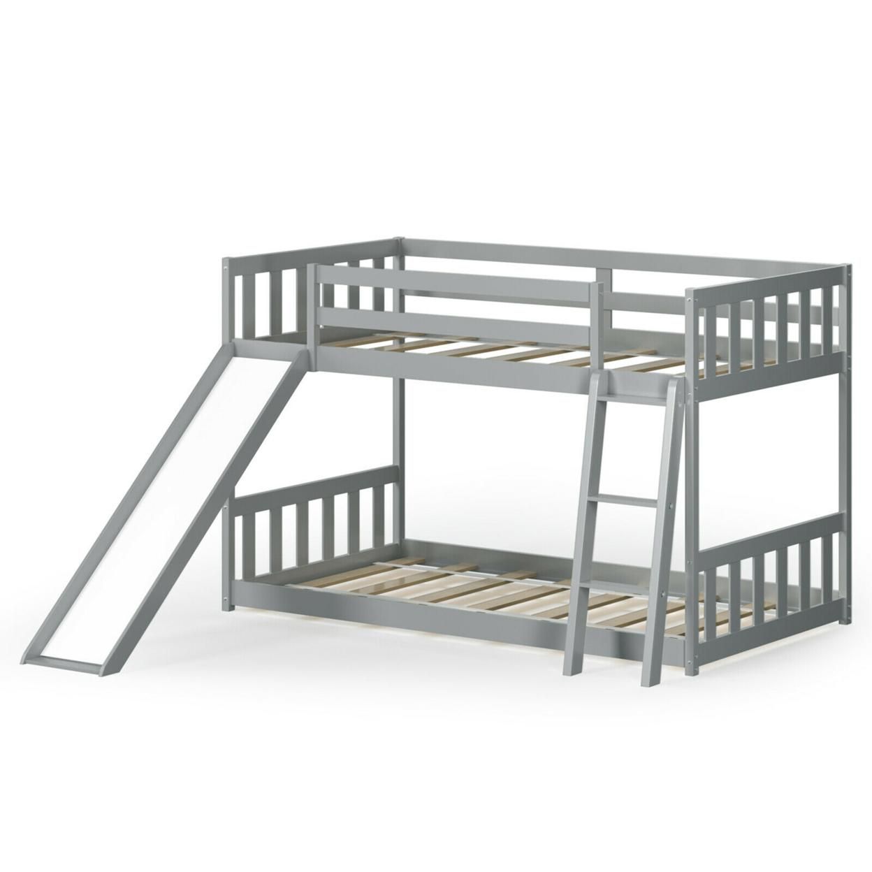 Gymax Twin over Twin Bunk Wooden Low Bed with Slide Ladder for Kids