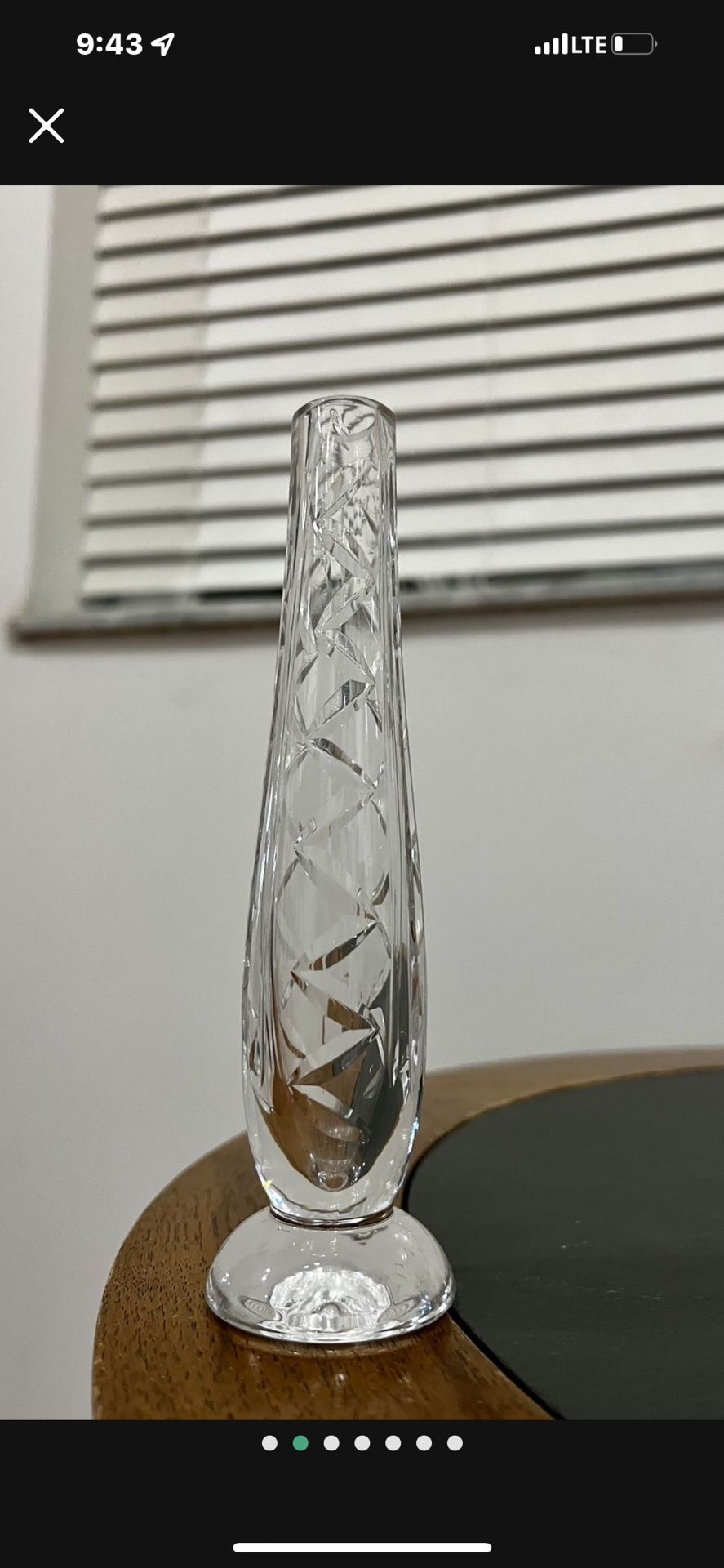 vintage Waterford Crystal vase features a cut vesica piscis pattern to the graduated cylindrical form. It sits on a circular footed, 7” Tall In great 