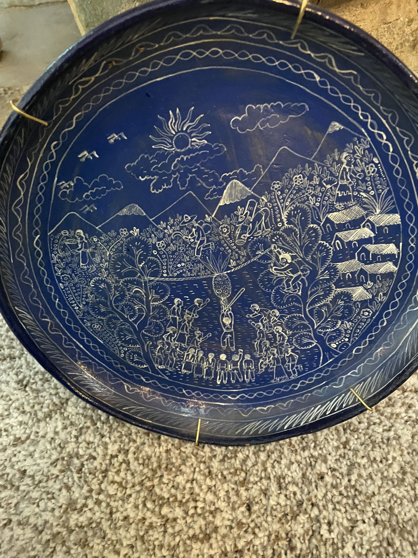 3 Me3 Mexican Village Plates. Ceramic.Depicts A Cockfight , Piñata and Pole Climbing for A Prize . Very Finely Detailed. $30.00 each Sold As Set Only