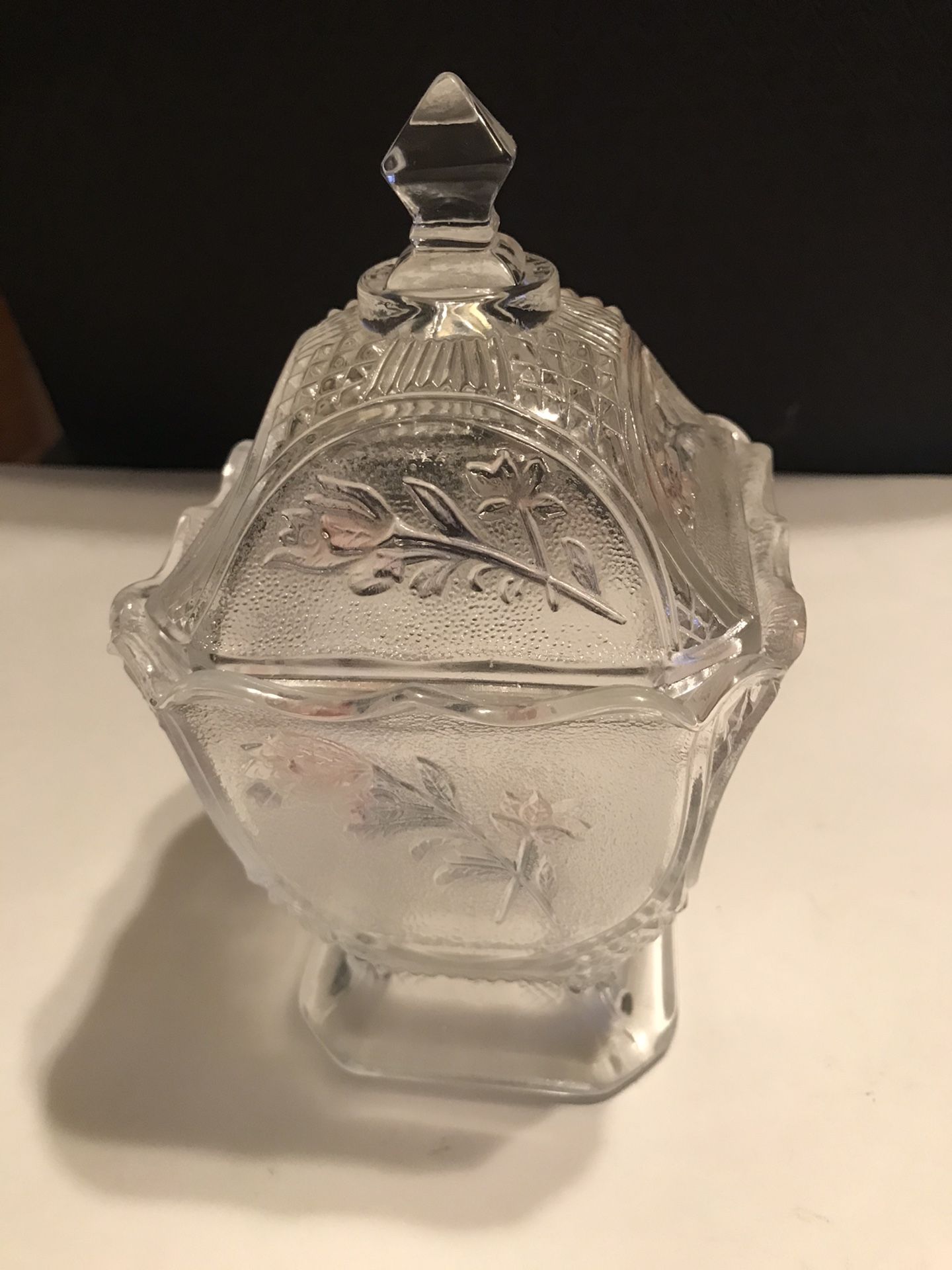 Vintage 7 1/2” Imperial Glass Square Footing Pink Rose Pattern with Lid